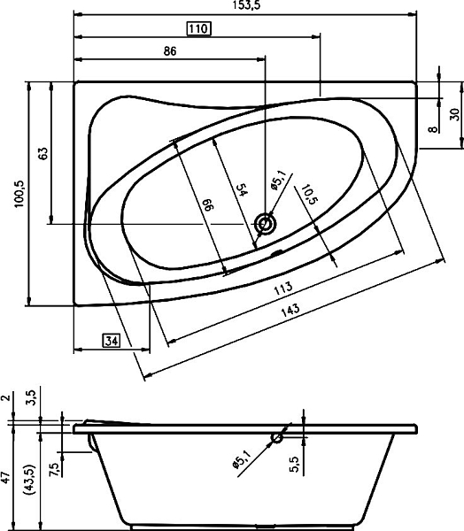 Акриловая ванна Riho Aryl 153x100 R , изображение 10