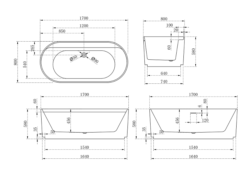 Акриловая ванна Abber AB9444MW 170x80 , изображение 6