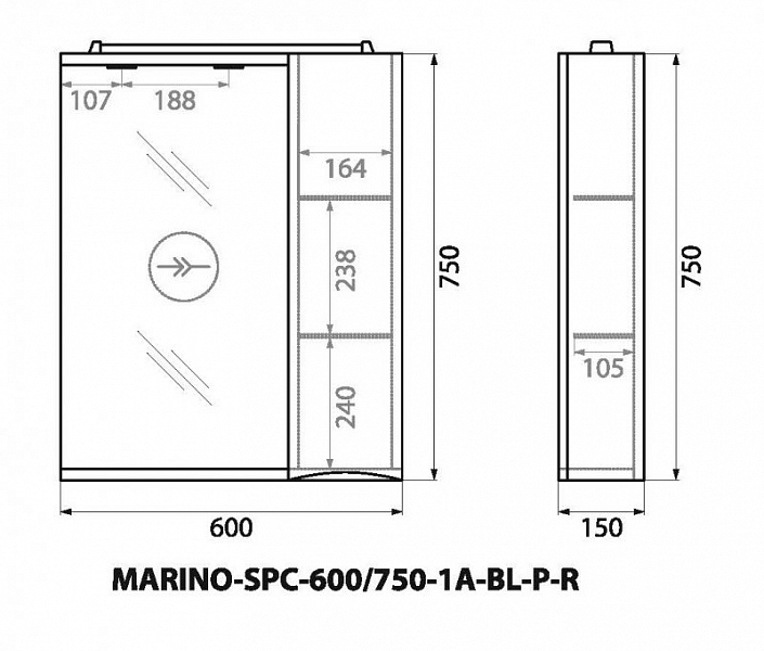 Зеркало-шкаф BelBagno Marino SPC-600/750-1A-BL-P-R правый , изображение 9