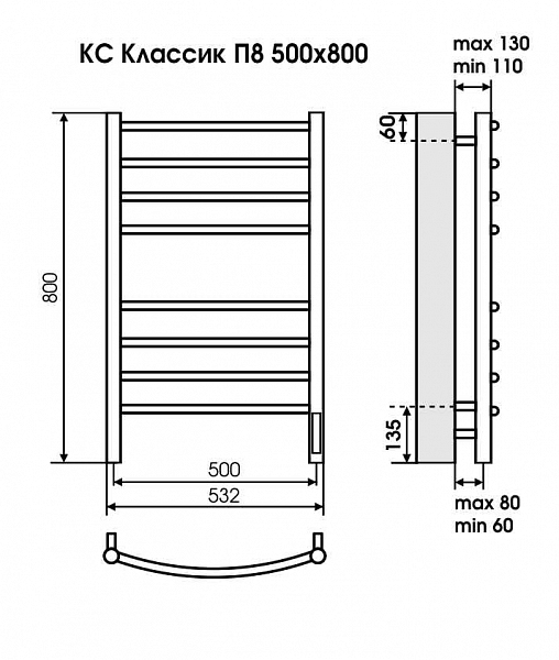 Полотенцесушитель электрический Terminus Классик П6 45х60 белый , изображение 3